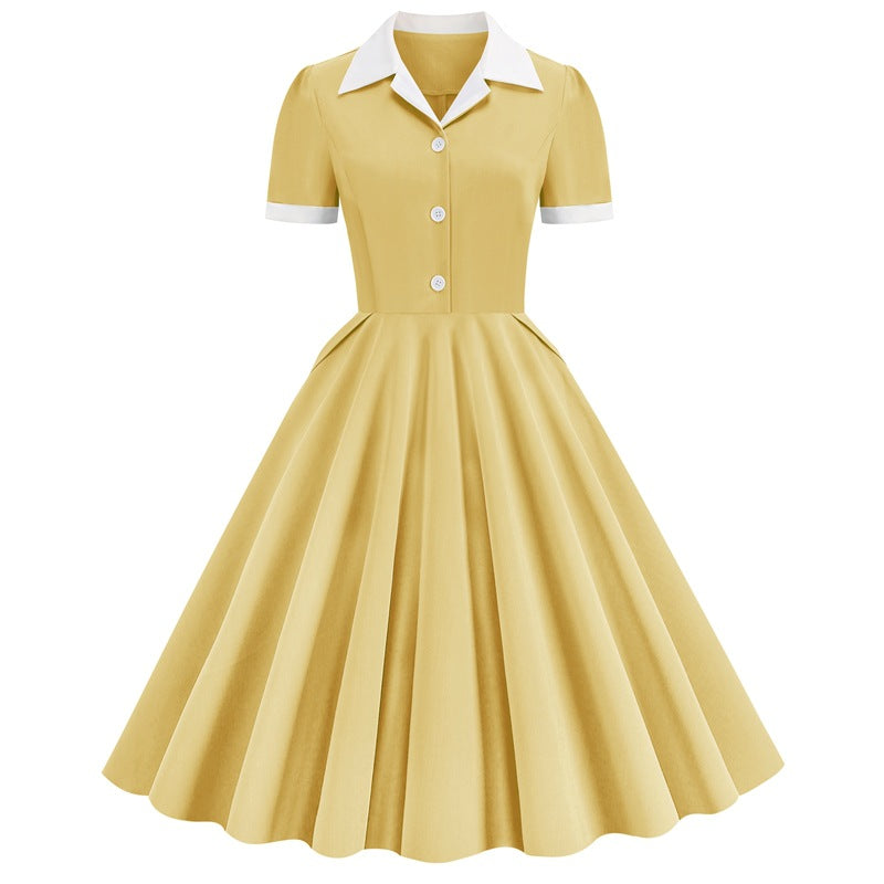 Solid Color Stitching Button Fashion Dress Large Dresses