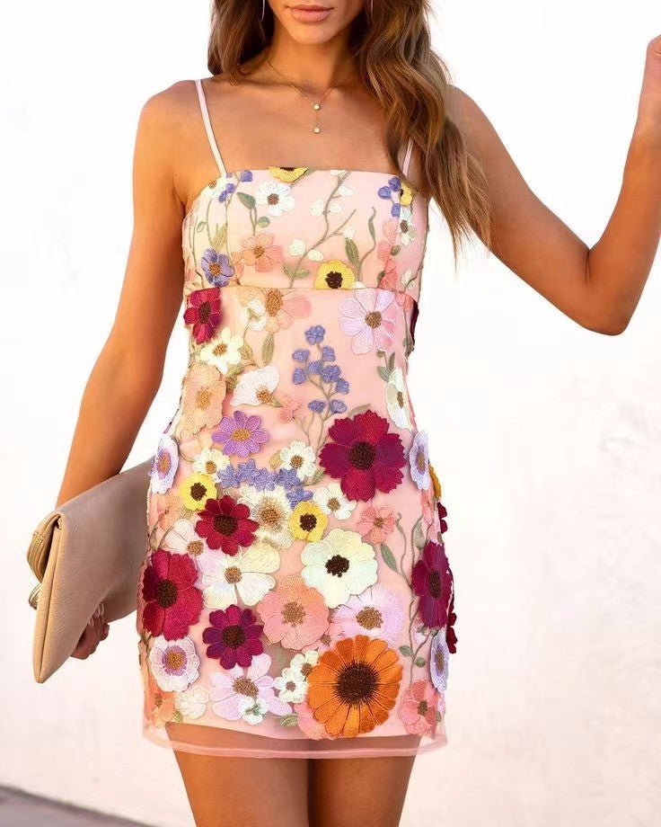 Temperament Three-dimensional Flower Embroidery Slip Dress Dresses