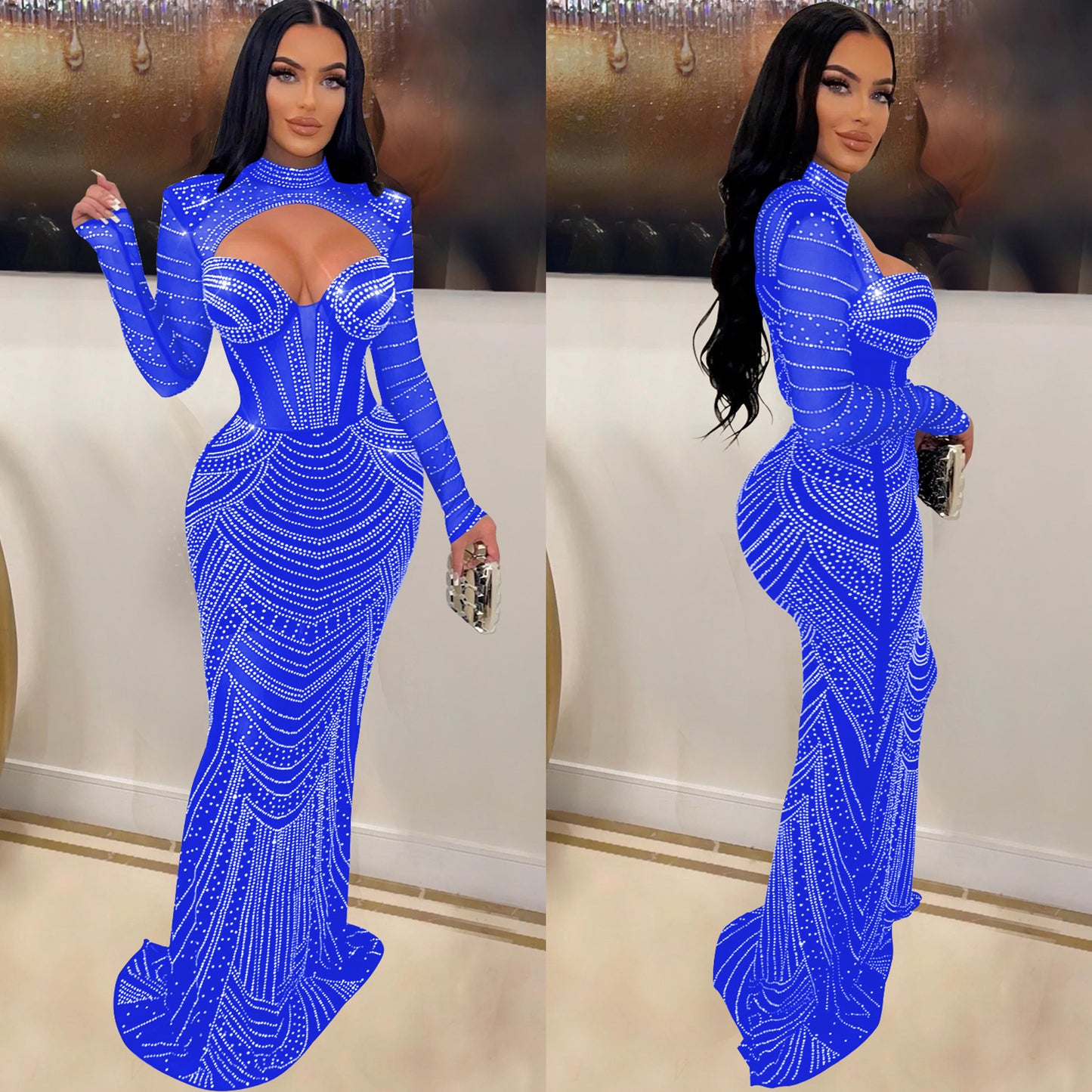 Women's Wear Solid Color Rhinestone Mesh Long Dresses