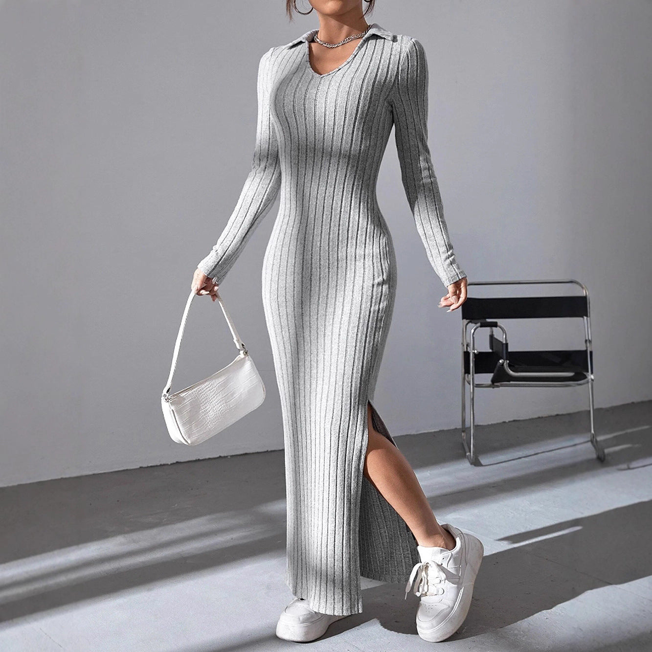 Slim Fit Lapel Split Sunken Stripe Dress