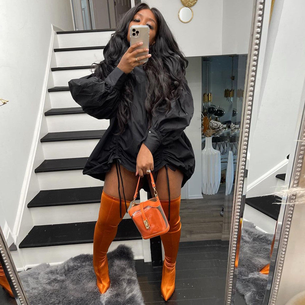 Women's Fashion Drawstring Loose-fitting Solid Color Long Sleeves Mini Sexy 2 Dress