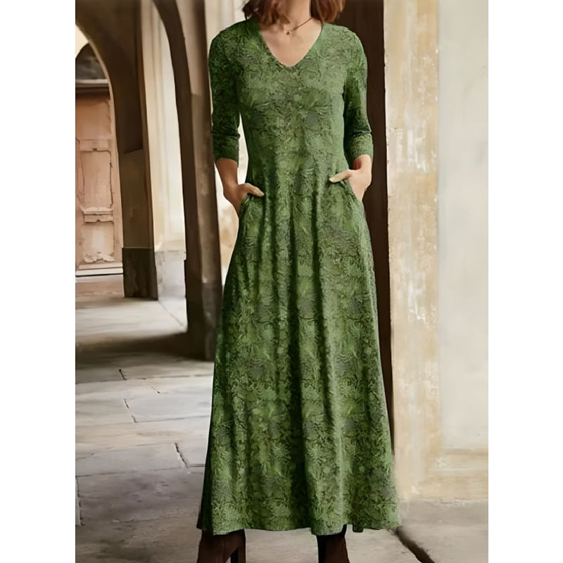Autumn Cotton Printed Pocket Long Sleeve Dresses