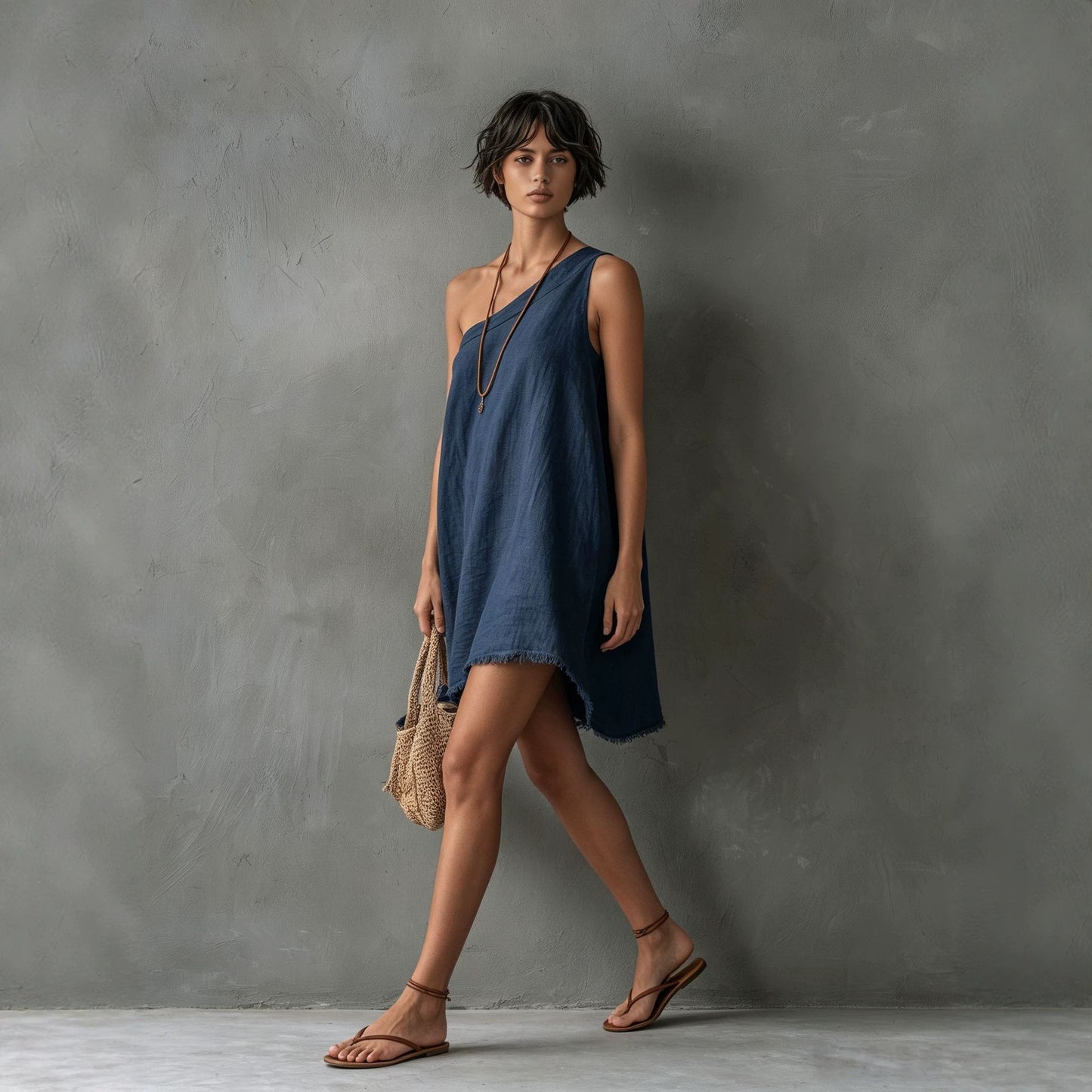 Women's Minimalist Linen Blend Shoulder Sleeveless Frayed Dress