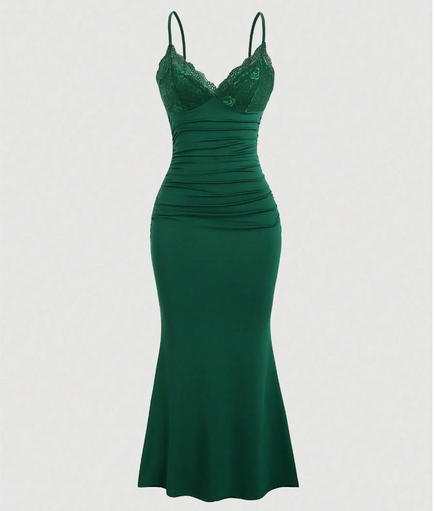 Women's American Elegant Lace Stitching Solid Color Pleated Fishtail Hem Suspender Dress