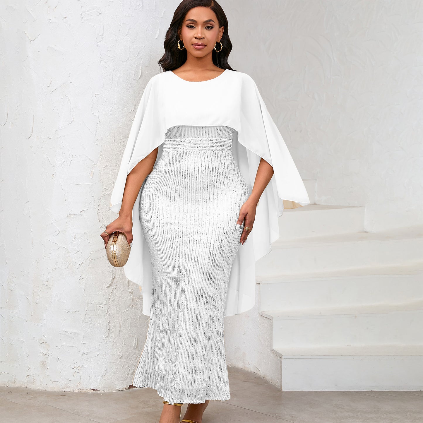 Women's Spring Fashion Chiffon Cape Sequined Sheath Banquet Party Dress