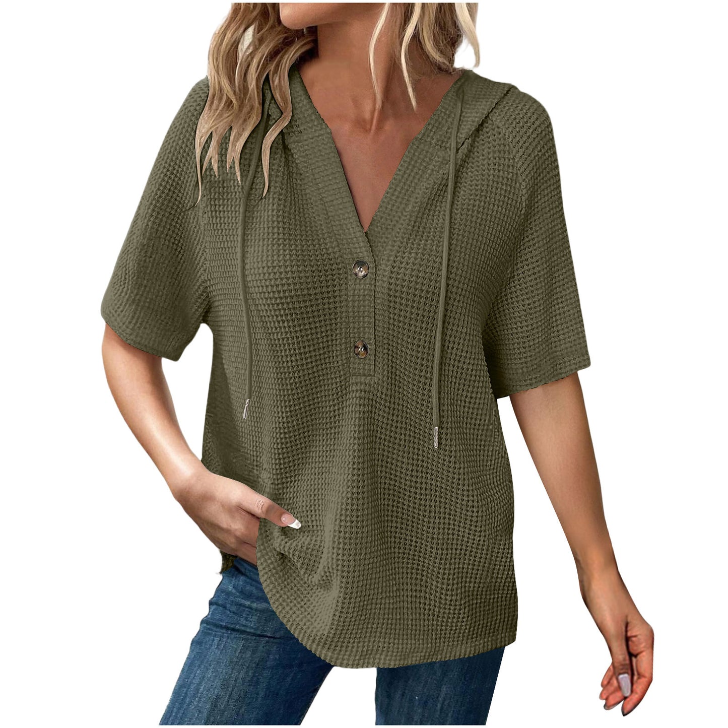Women's Solid Color Waffle Hooded Button Loose Sleeve Shorts