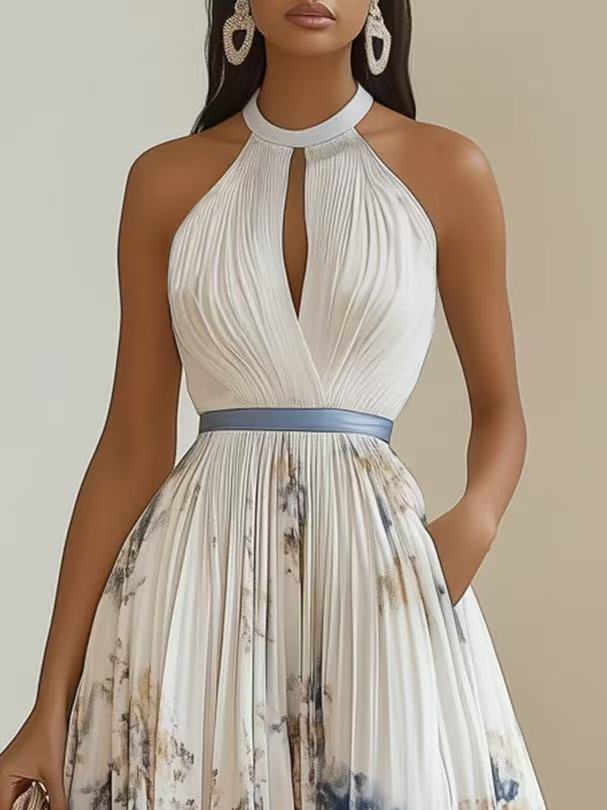 Women's Digital Print Collar Sleeveless Pleated Long Dress