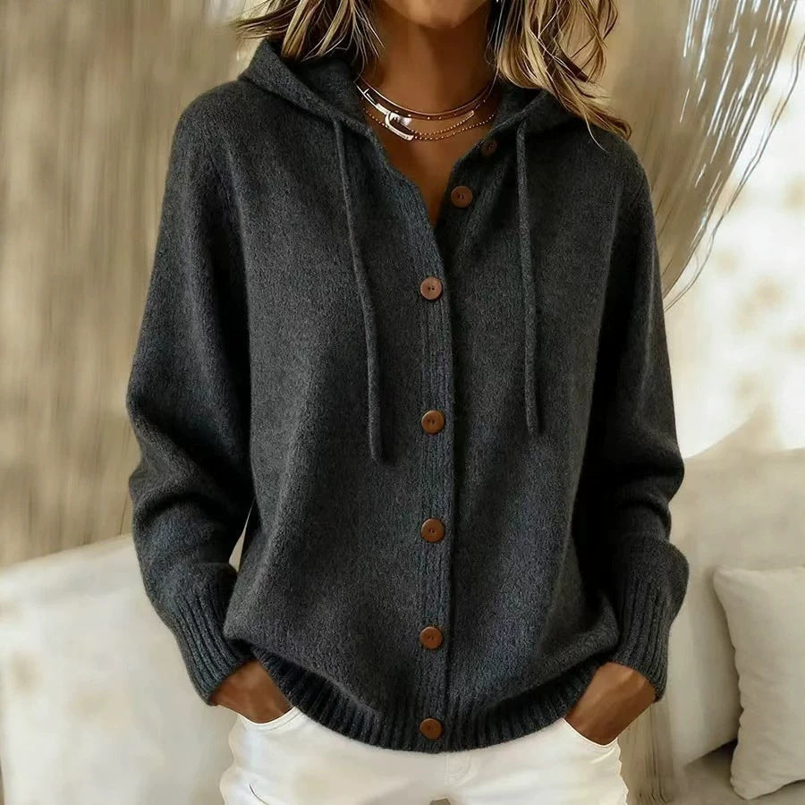 Women's Button Knitted Hooded Solid Color Casual Fashion Cardigans
