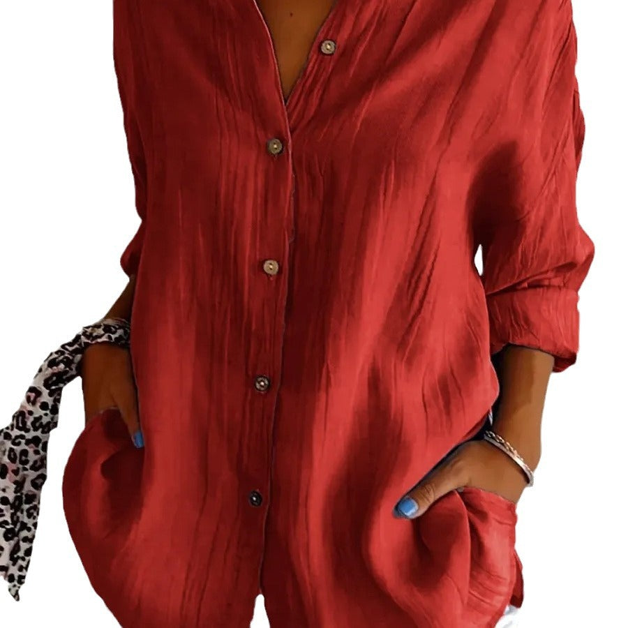 Women's Single-breasted Pleated Lapel Shirt Solid Color Blouses