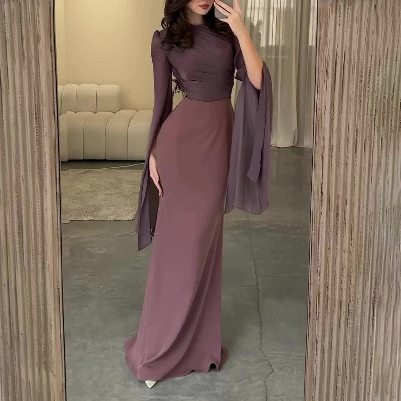 Solid Color Stitching Big Swing Sleeve Dresses