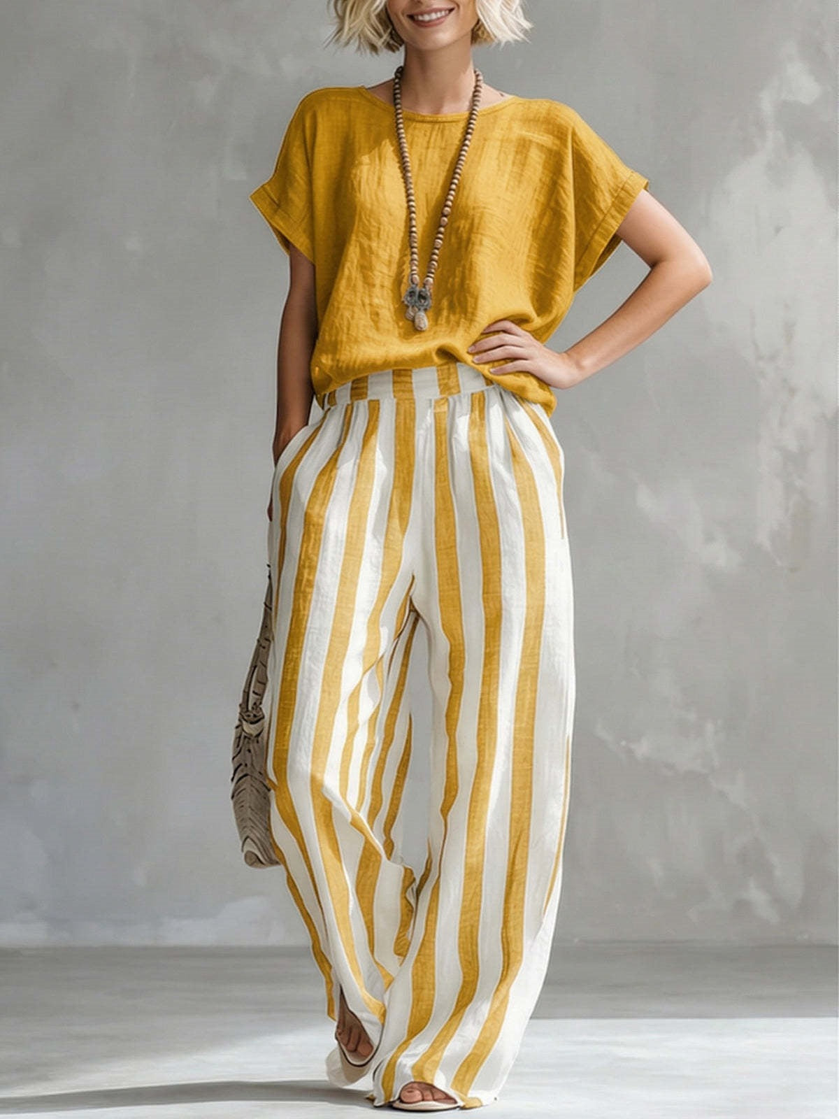 Women's Round Neck Straight Striped Trousers Fashion Casual Suit