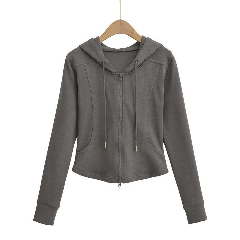 Autumn Fashion Simple Style Double Zipper Hooded Drawstring Tops