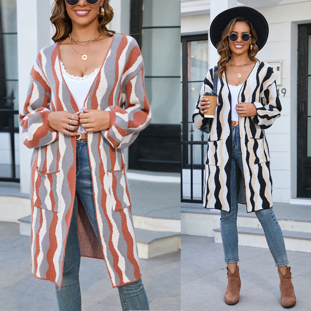 Women's Spring Long Stitching Fashionable Knitted Pocket Sweater