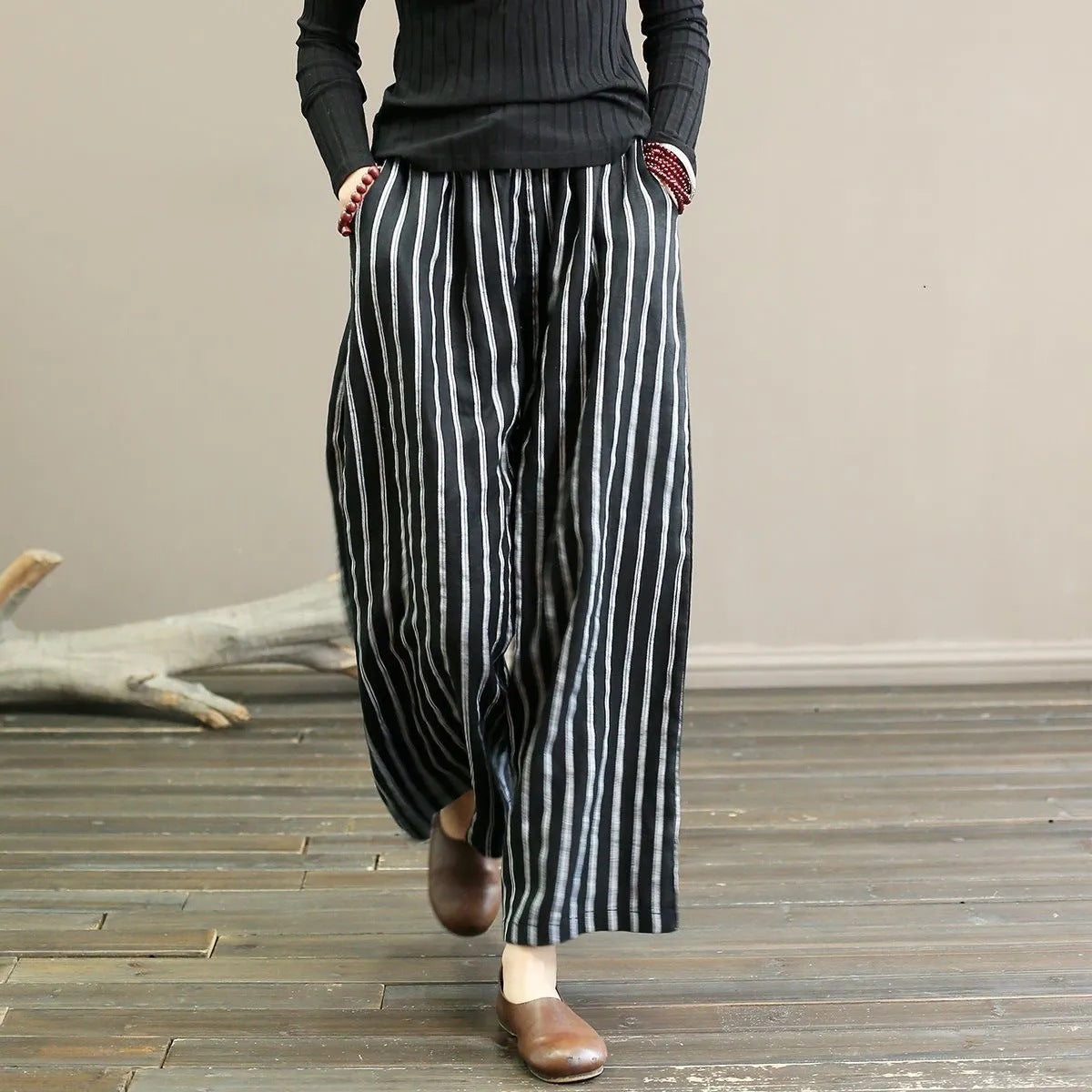 Women's Cotton Linen Stripes Summer Slimming Drape Casual Pants