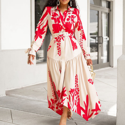 Women's Summer Long Sleeve Printing Lapel Irregular Loose Dress