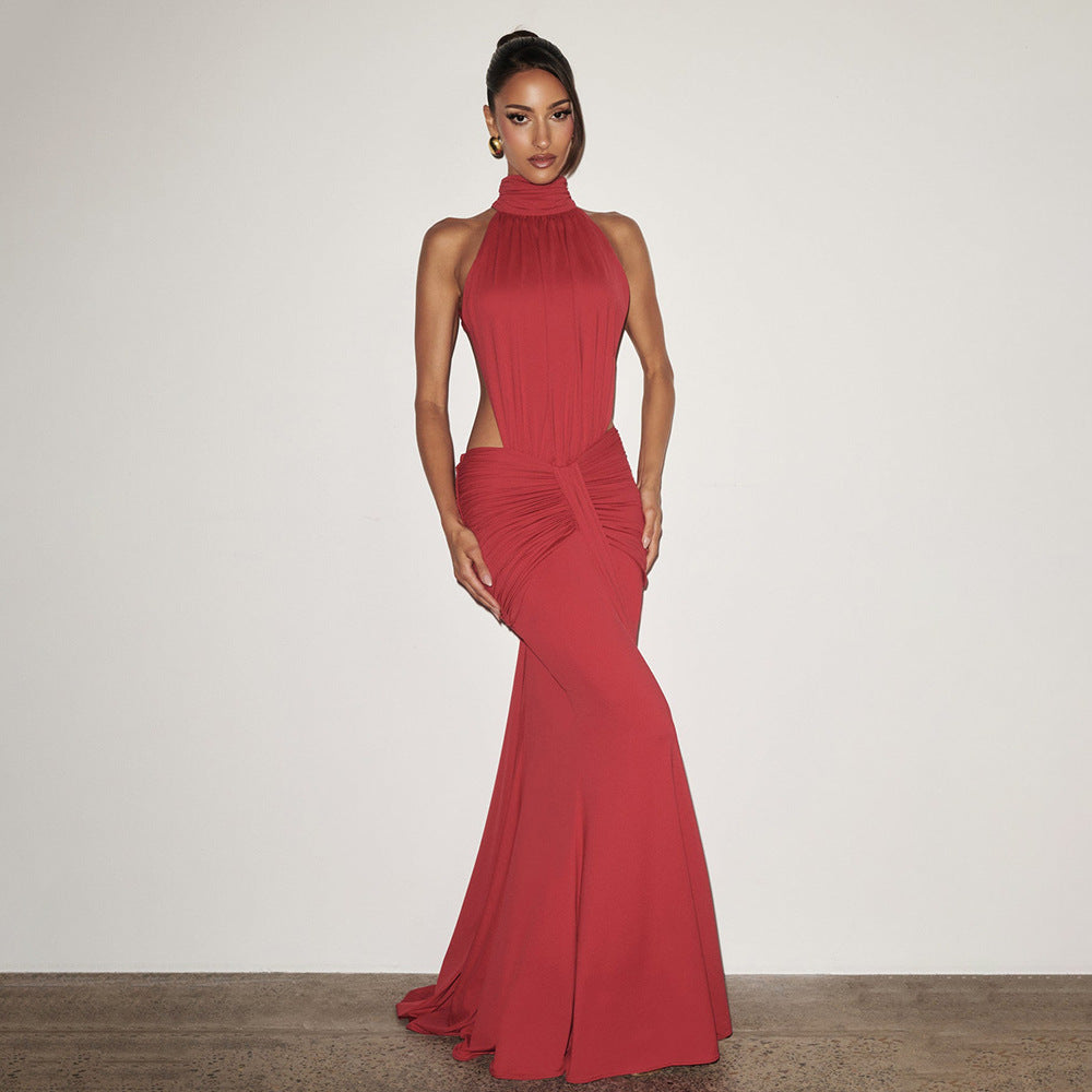 Women's Temperament Pure Color Banquet Long Sexy Backless Slim Fit Dress