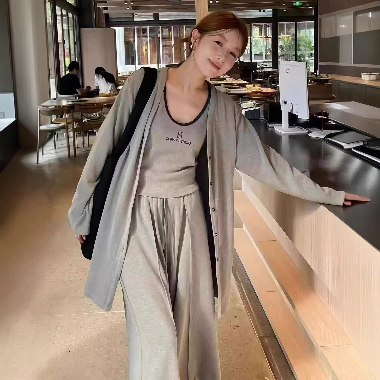Embroidered Letter Wide Leg Three-piece Set Coats