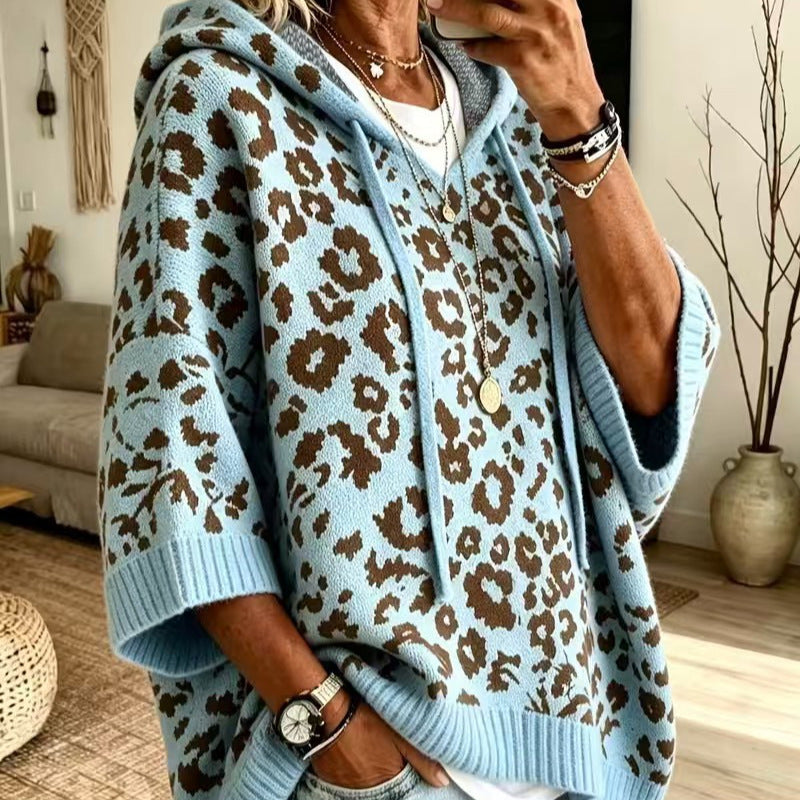 Leopard Print Hooded Drawstring Knitted Outerwear Pullover Sweater