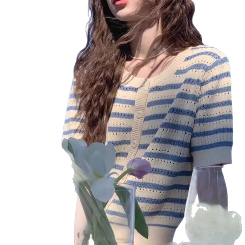 Women's Korean Style Gentle Blue White Striped Women's Sweater