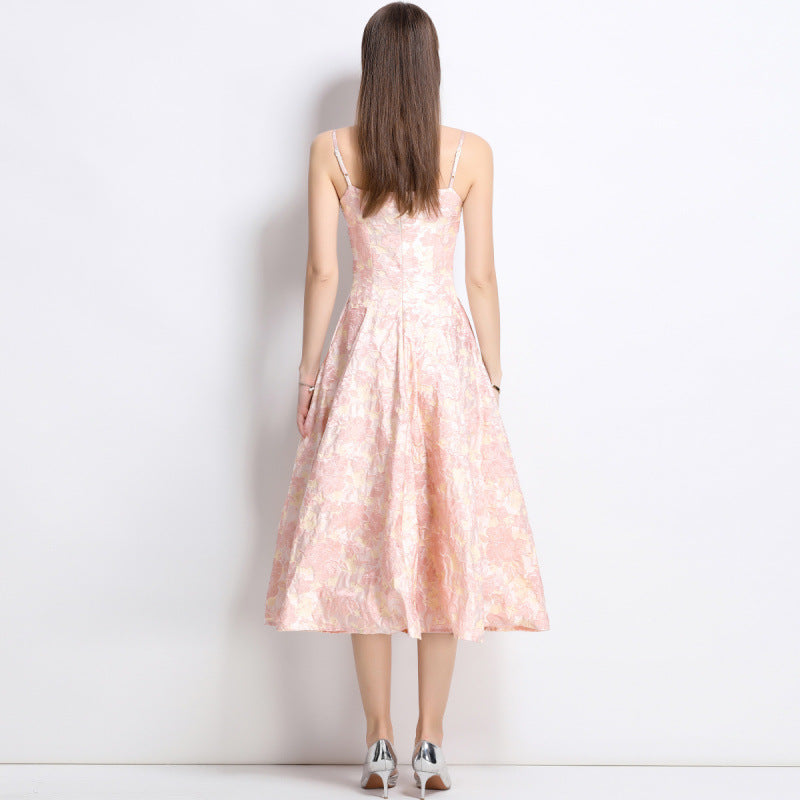 French Strap Dress Exquisite Jacquard Tight Waist A- Line Dresses