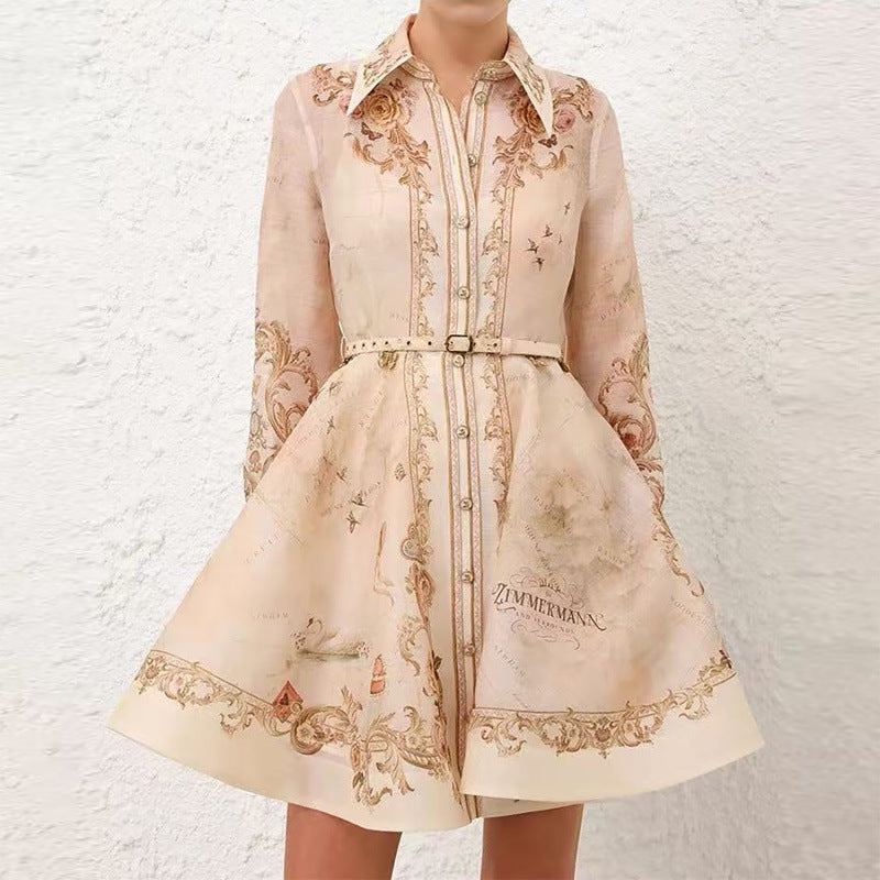 Printed Shirt Collar Design Sense Belt Retro Shorts