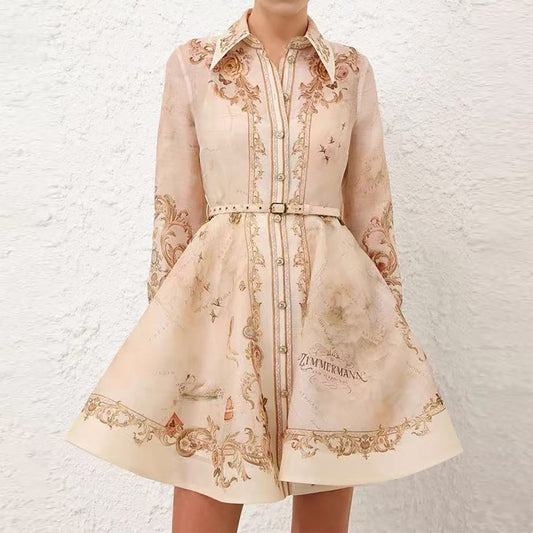 Printed Shirt Collar Design Sense Belt Retro Shorts