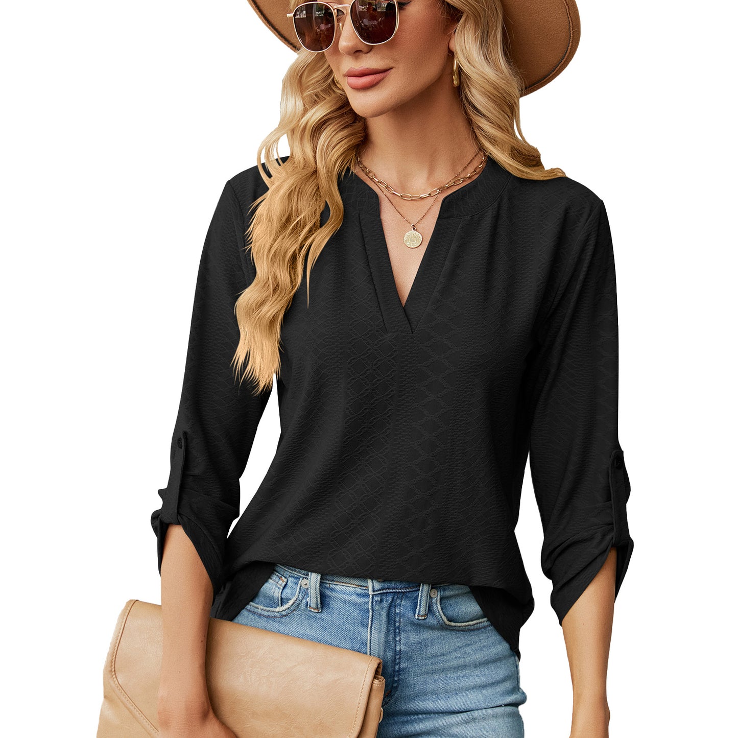 Women's Solid Color Three-quarter Sleeve Button Loose-fitting Tops