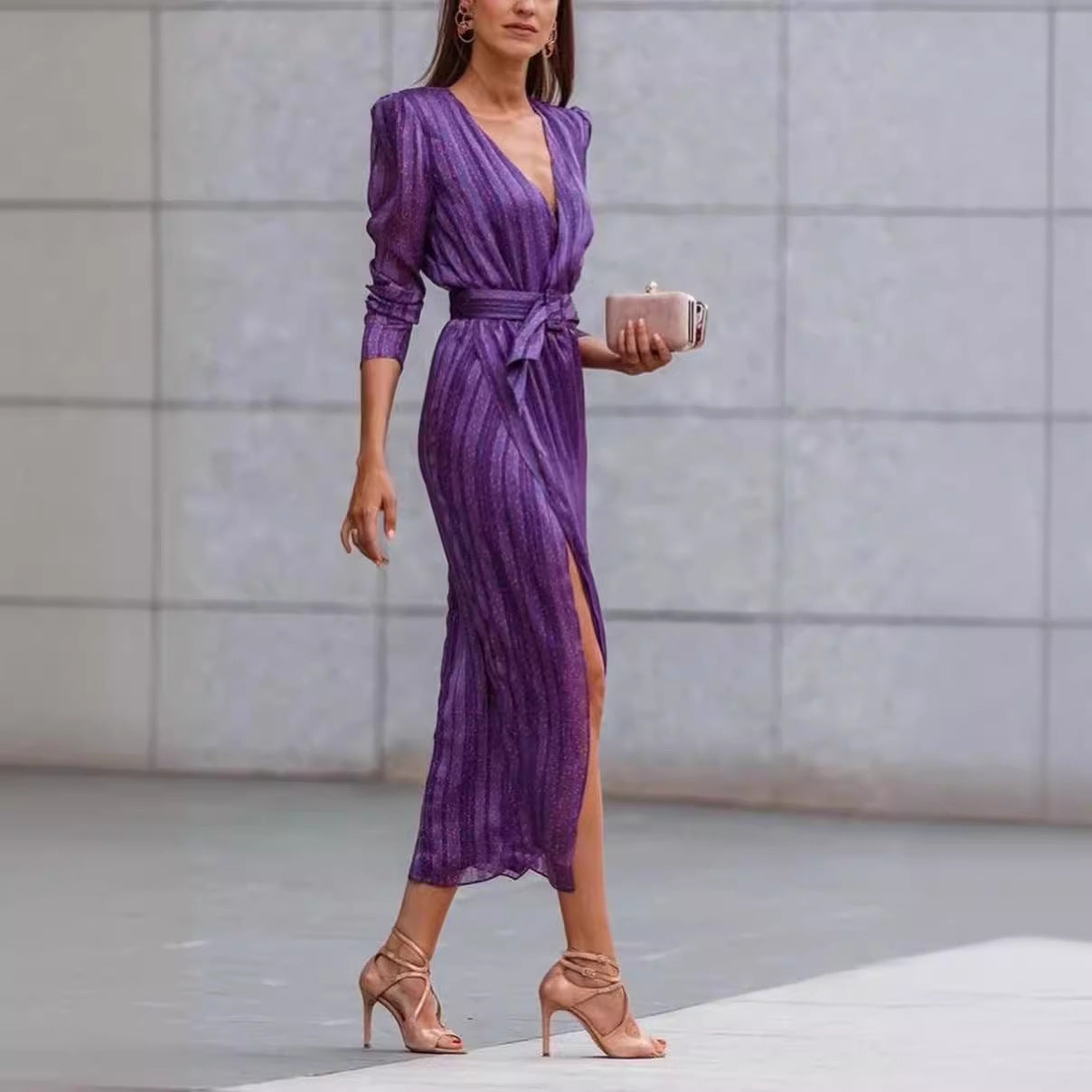 Graceful Beautiful Purple Striped Waist Dress Dresses
