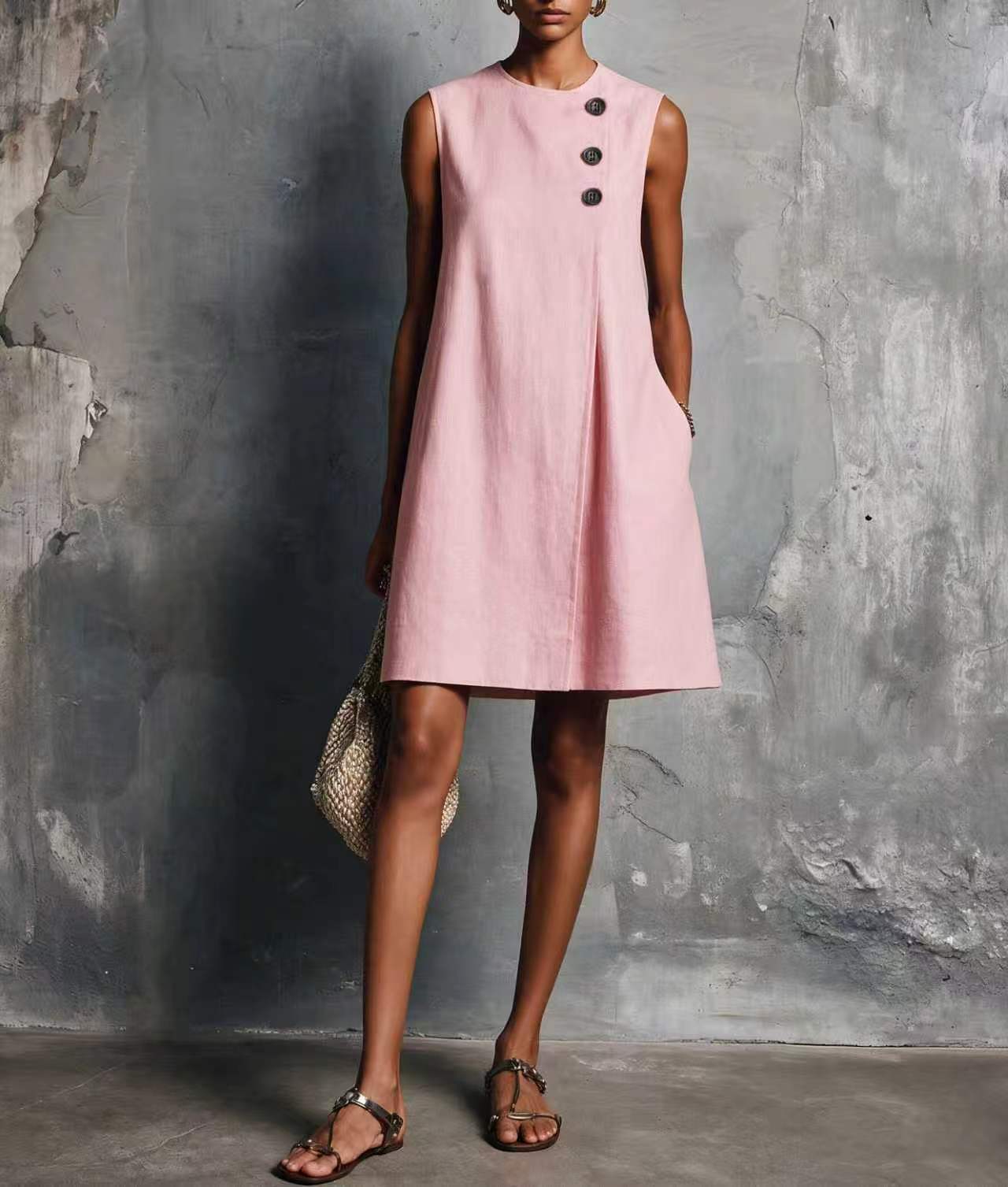 Women's Blended Round Neck Asymmetric Button Side Dress