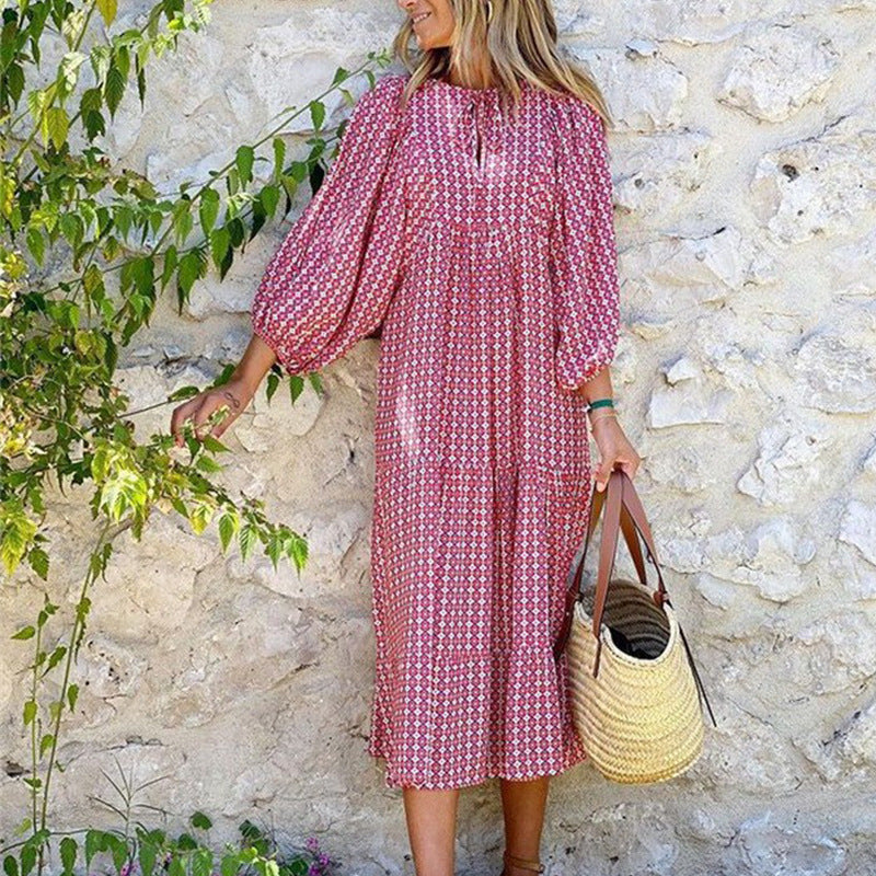 Women's Loose Bohemian Round Neck Lantern Sleeve Dress