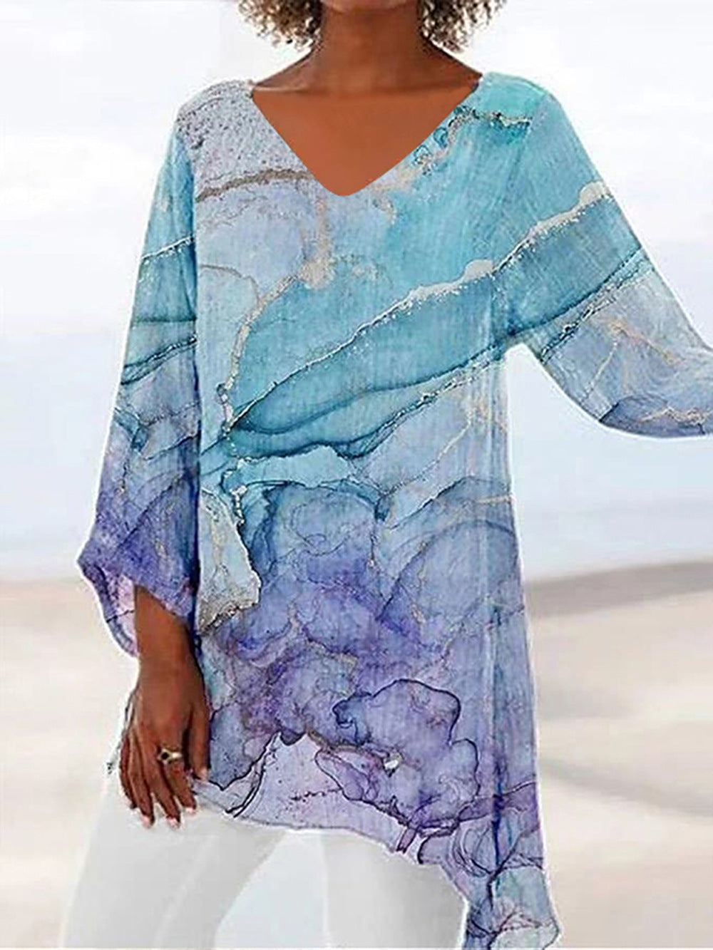 Women's Leisure Loose Irregular Printed Long Sleeve Blouses