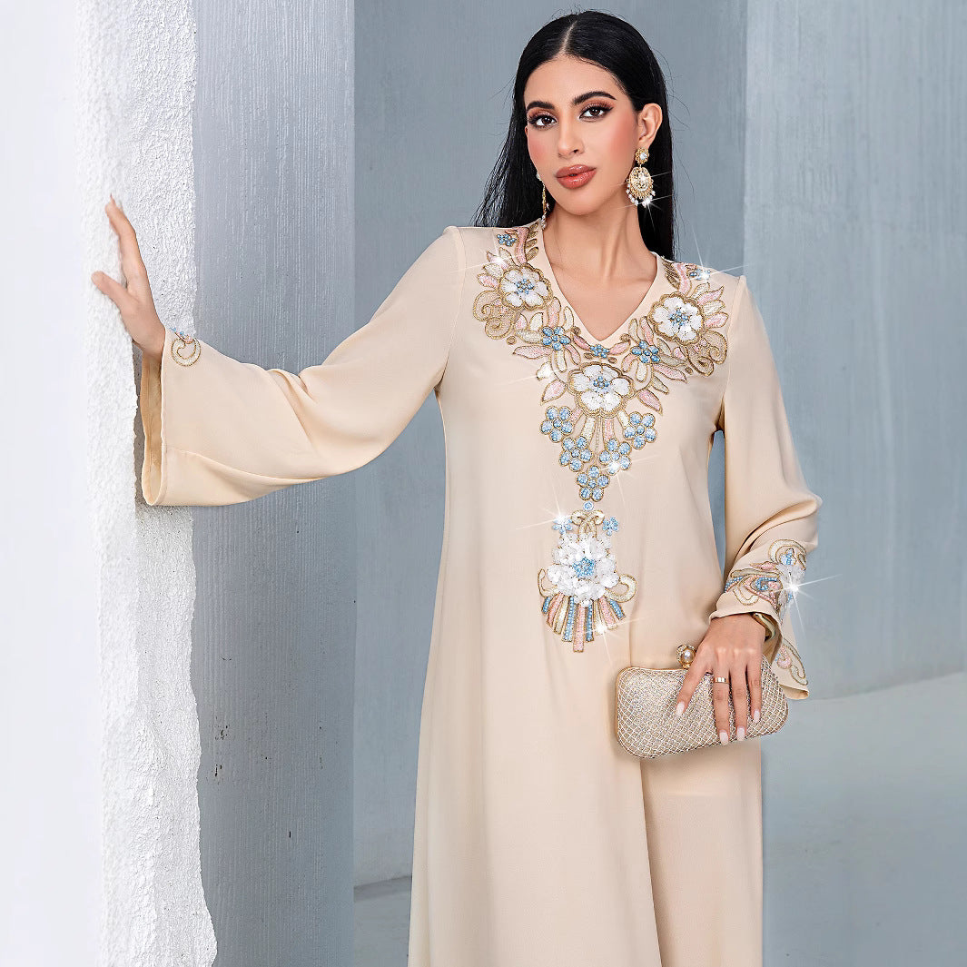 Apricot Loose Casual Three-dimensional Flower Embroidered Dresses