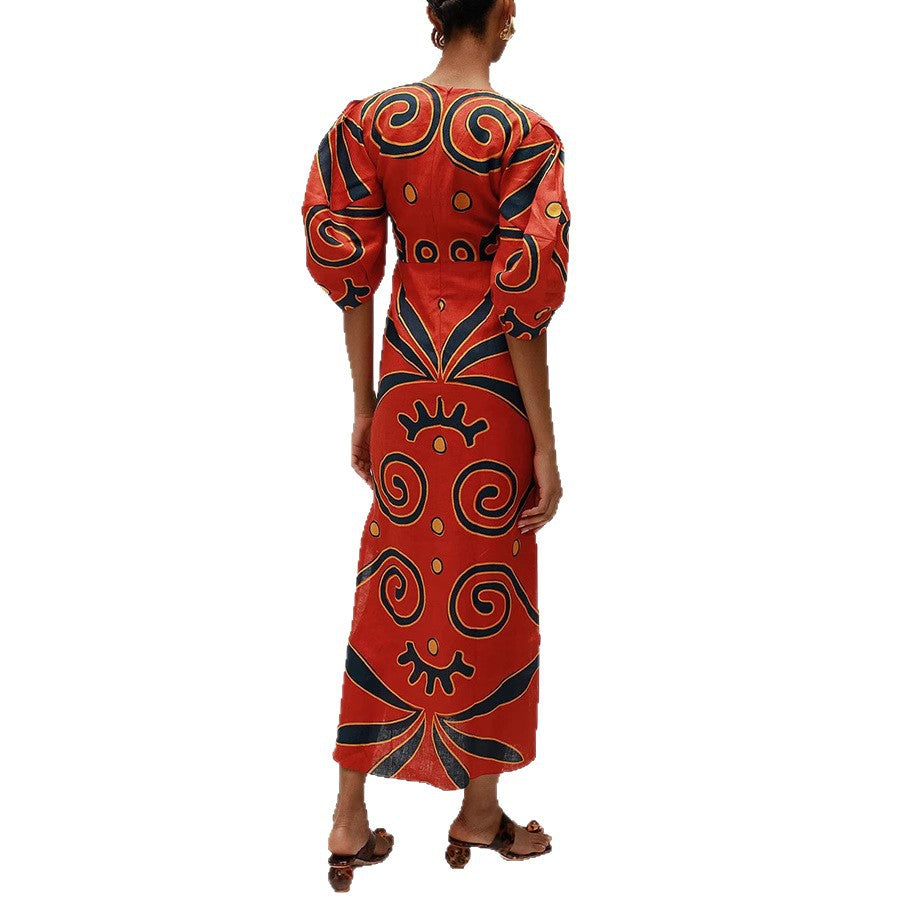 Positioning Printed Linen Dress Casual Vacation Dresses
