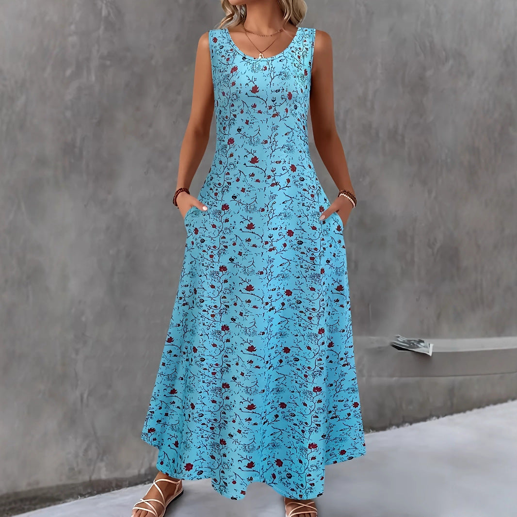 Fashionable Round Neck Sleeveless Printed Elegant Dress