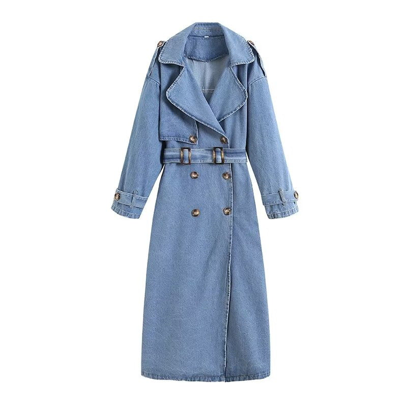 Women's Loose Double Breasted With Belt Denim Coats