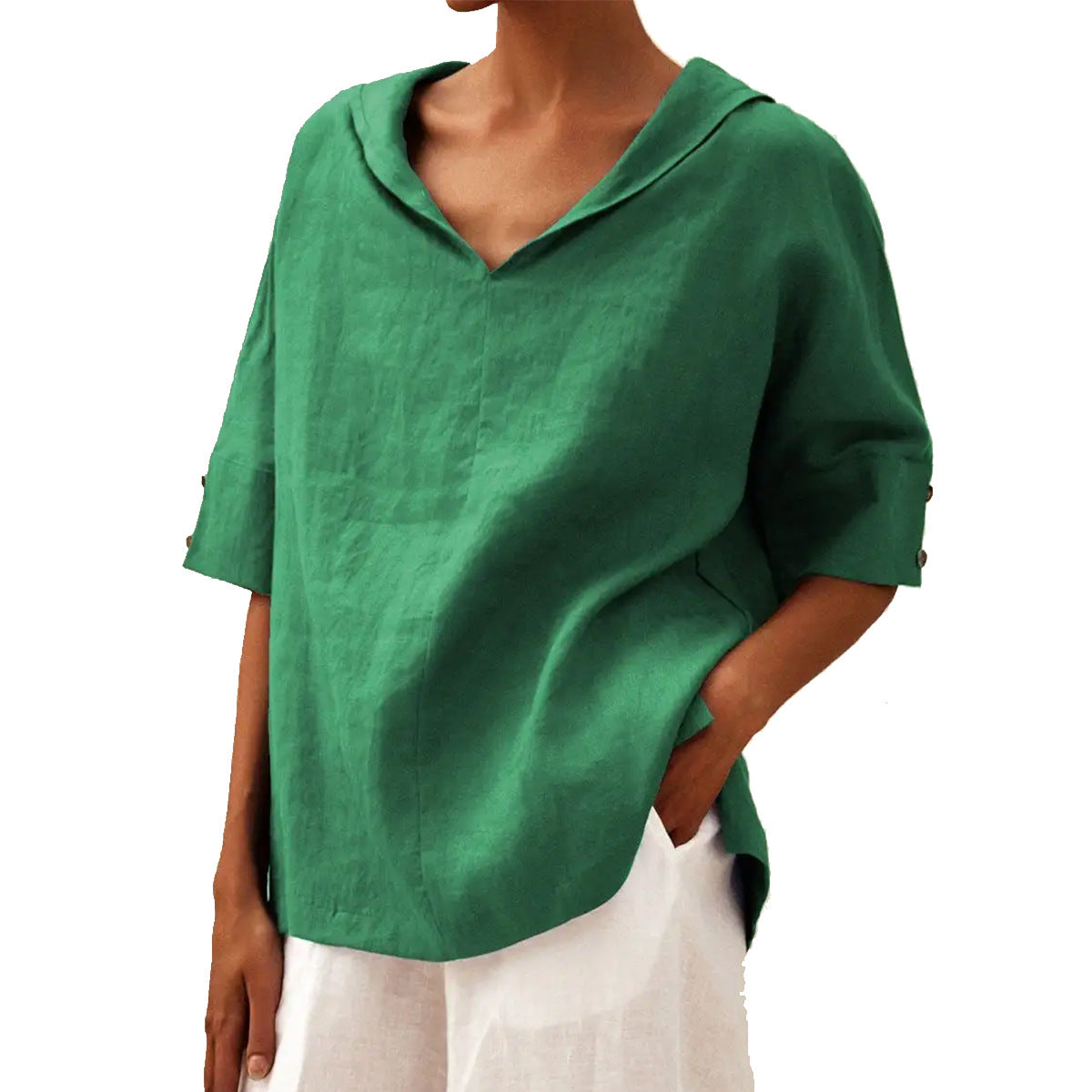 Women's Solid Color Cotton Linen Hoodie T-shirt Blouses