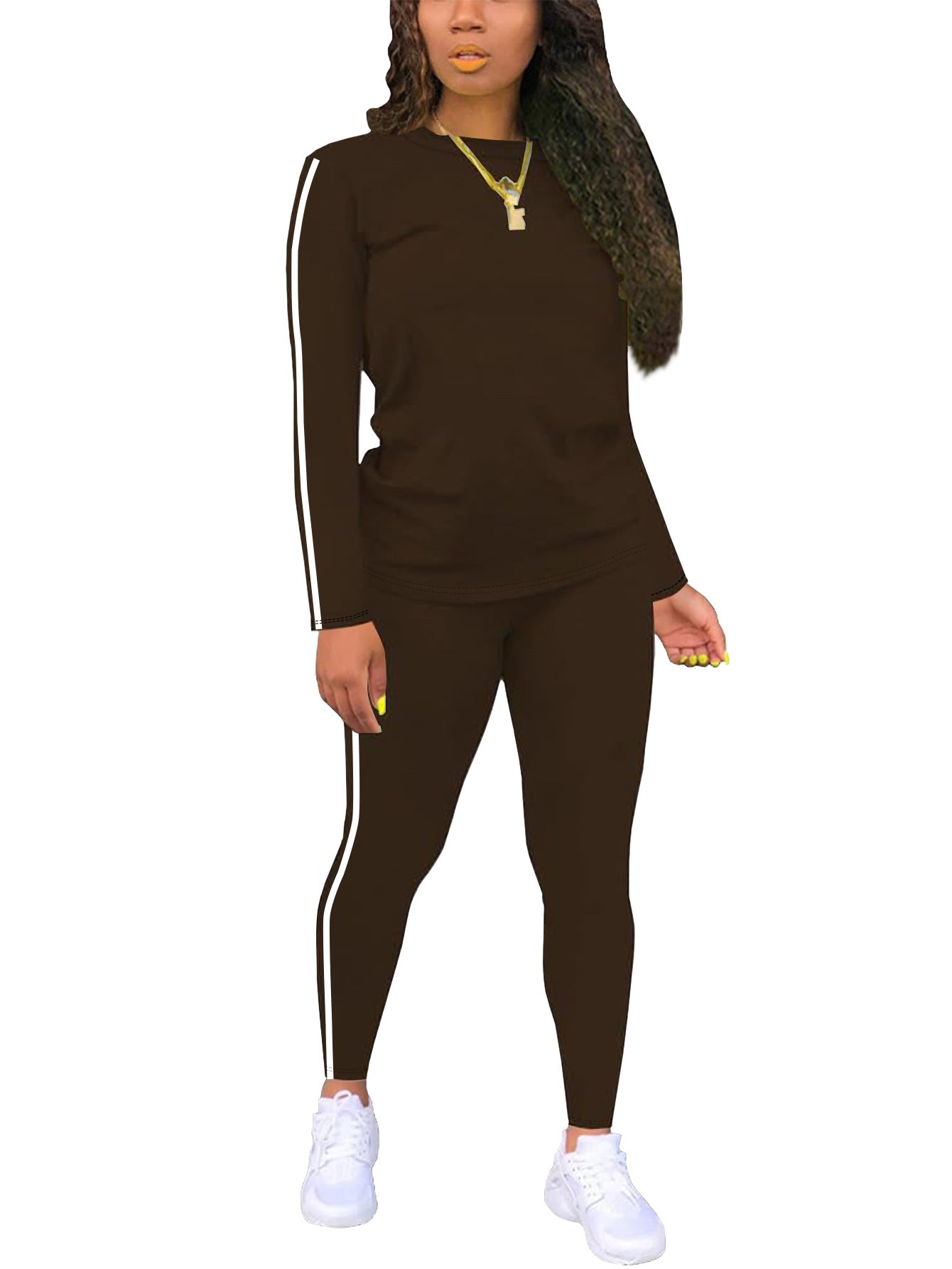 Women's Round Neck Long Sleeve Patch Trousers Side Fashion Casual Suit