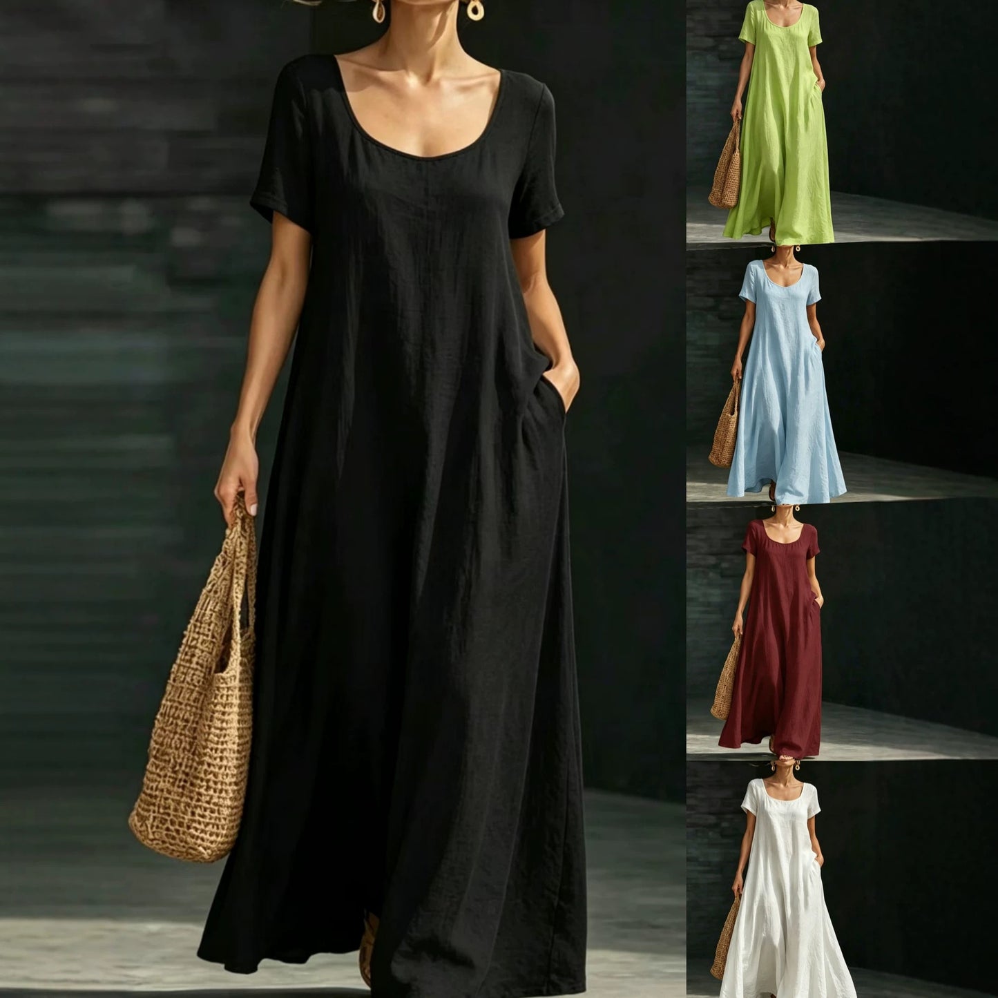 Women's Summer Collar Sleeve Loose Swing Casual Solid Dress