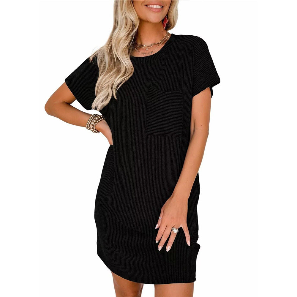 Women's Contrast Color Twist Strip Sleeve Pocket Dresses
