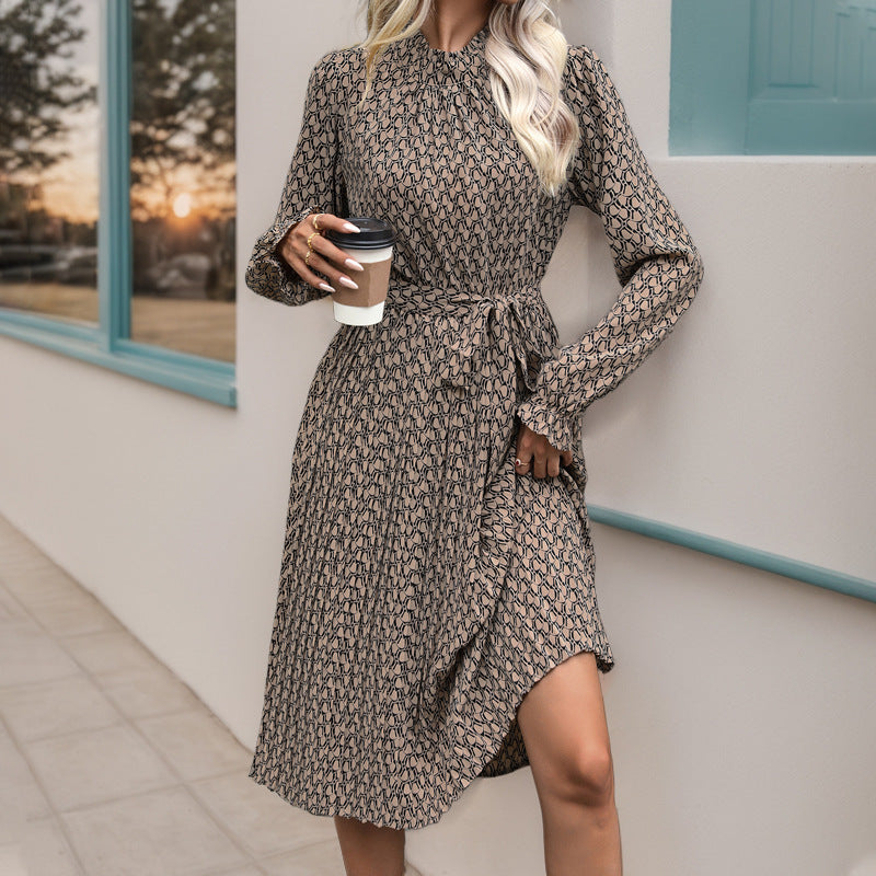Autumn Commuter Date Ruffled Geometric Printed Dresses