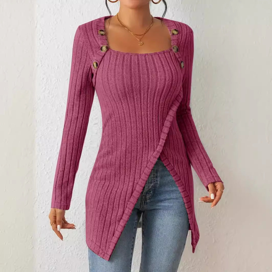 Women's Long Sleeve Knitted Square Collar Irregular Tops