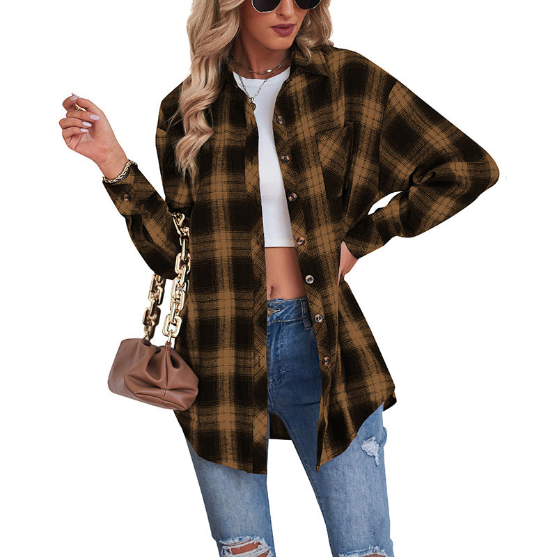 Women's Casual Boyfriend Style Loose Plaid Shirt Blouses