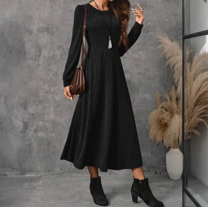 Ladies Fashion Round Neck Long Sleeve Solid Color Casual Sunken Dress