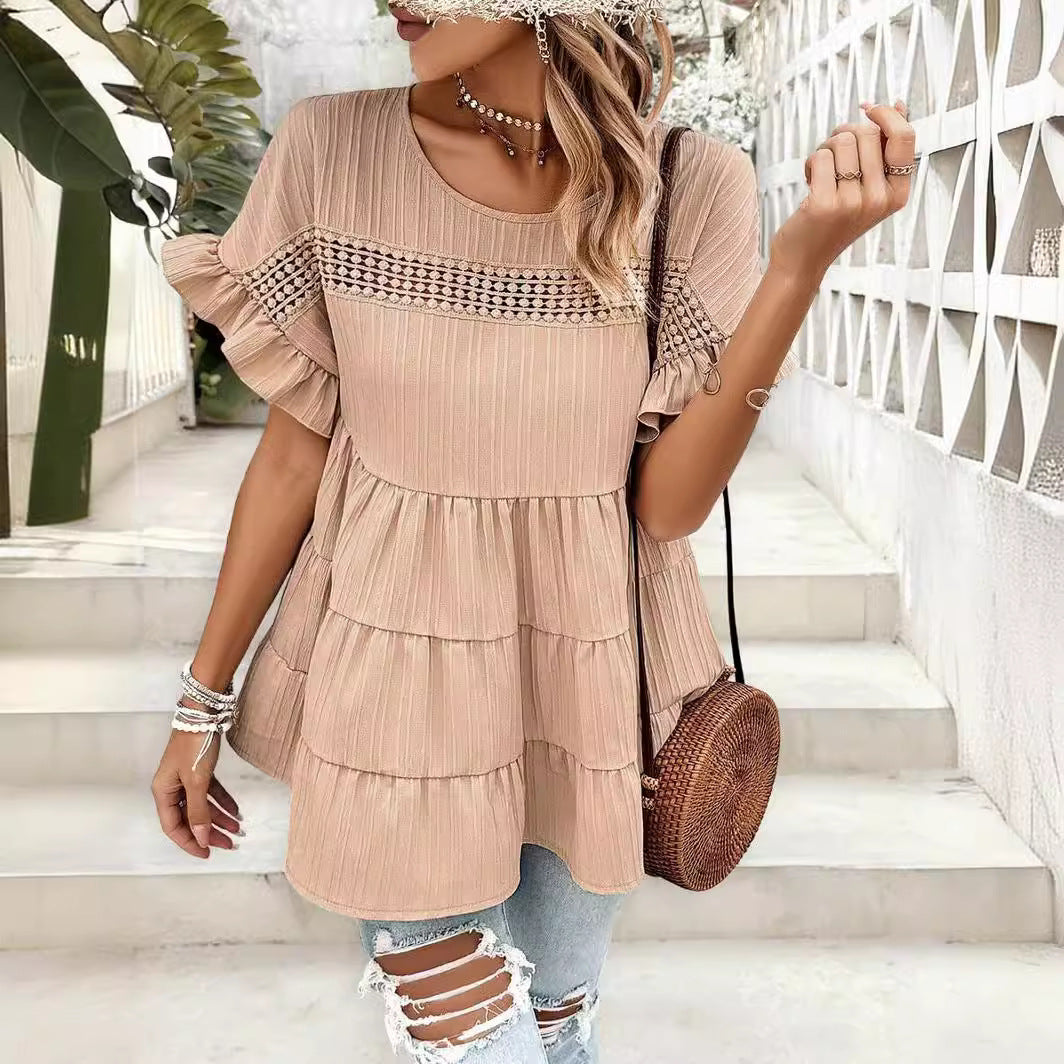 Women's Summer Shirt Round Neck Lace Stitching Blouses