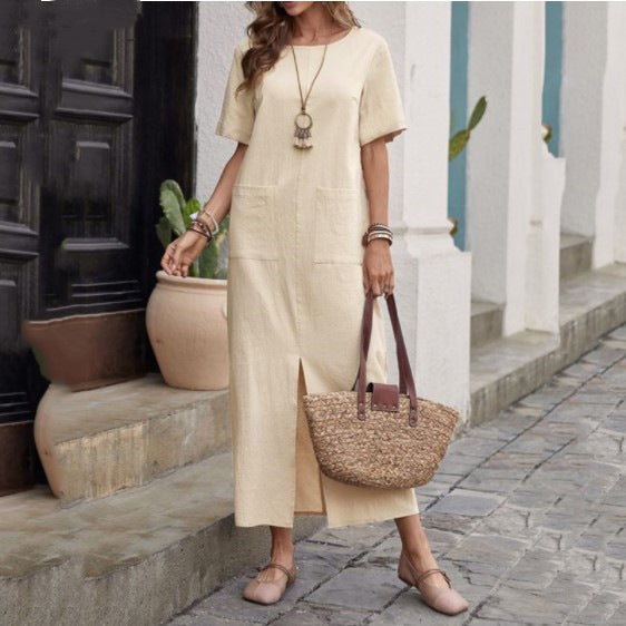 Women's Summer Cotton Linen Solid Color Loose Round Neck Sleeve Dress