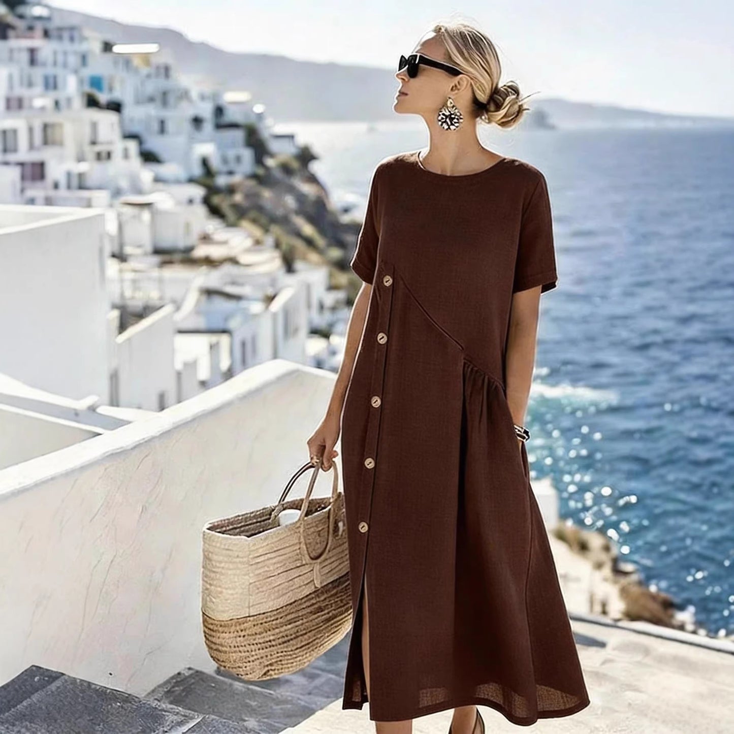 Casual Fastener Decoration Fold Pocket Mid-length Dress