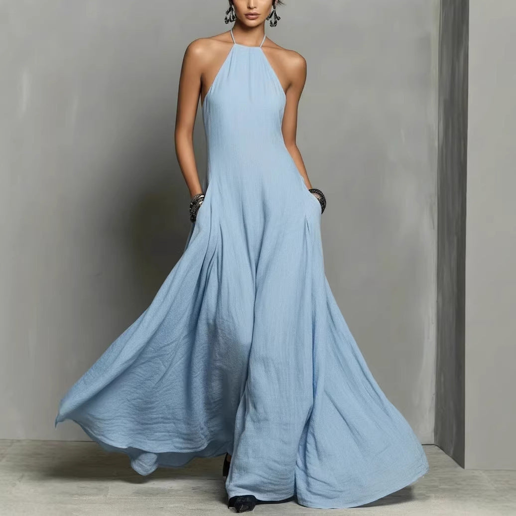Cotton Linen Blended Simple Backless Sleeveless Dress