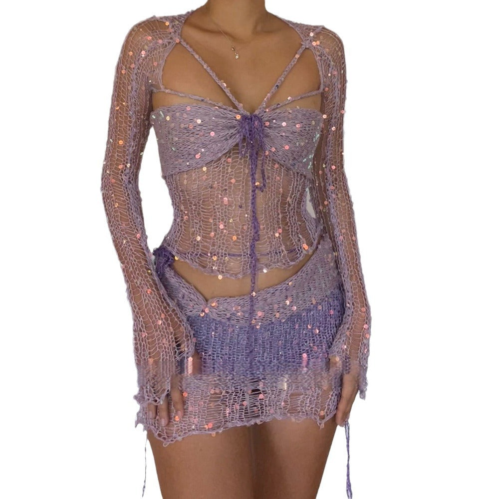 Women's Glamorous Creative Sequin Knitted Three-piece Suits