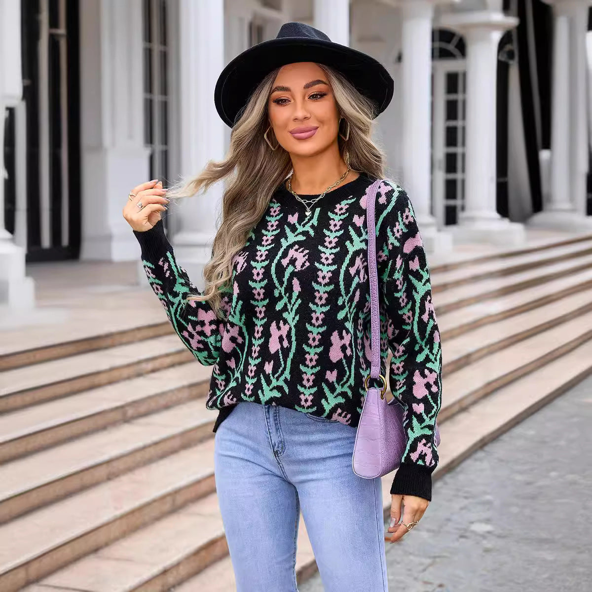 Women's Spring Jacquard Branch Round Neck Flower Knitted Sweaters