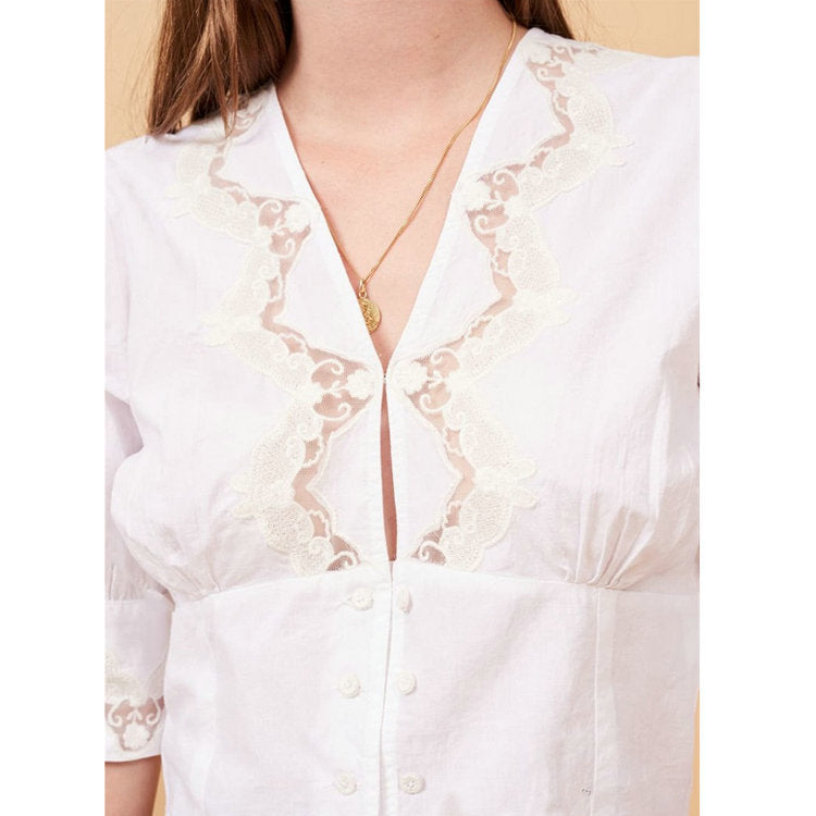 Women's Cotton Lace Cutout Summer French Vintage Blouses